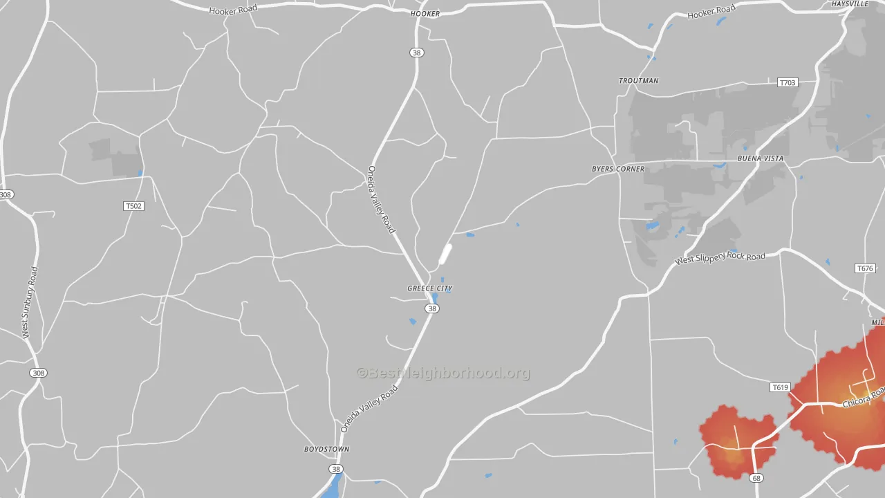 Walk Grade map of Greece City, PA, walkable areas in green and car-dependent areas in red