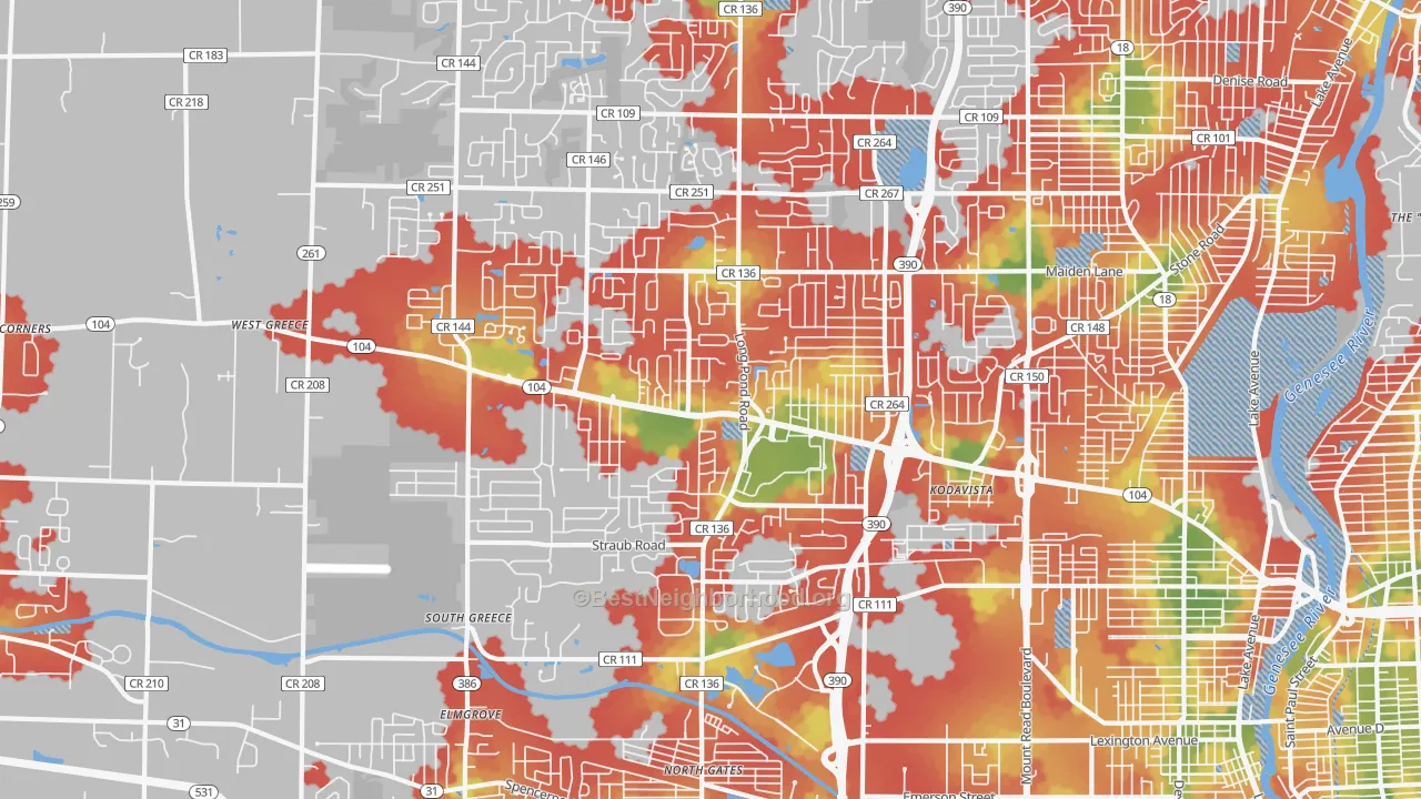 Walk Grade map of Greece, NY, walkable areas in green and car-dependent areas in red