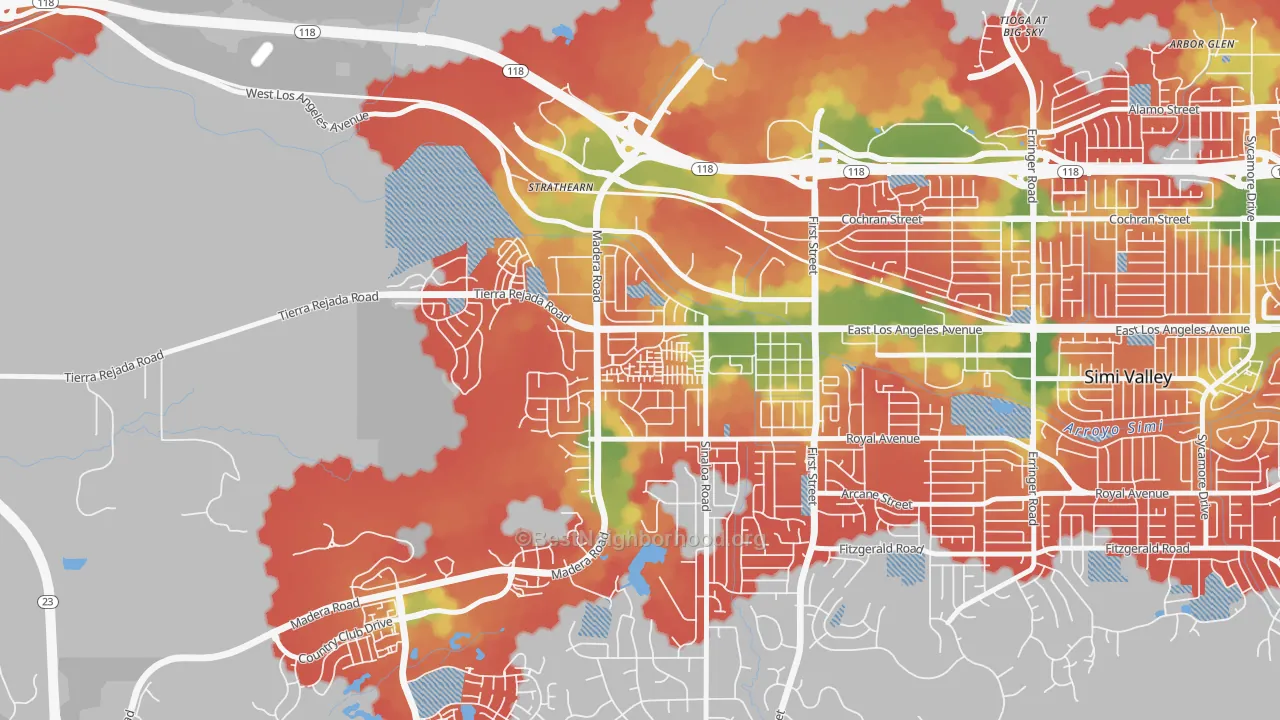 Walk Grade map of Greek Track, Simi Valley, CA, walkable areas in green and car-dependent areas in red