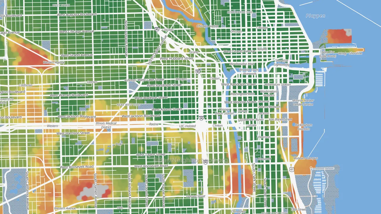 Walk Grade map of Greektown, Chicago, IL, walkable areas in green and car-dependent areas in red
