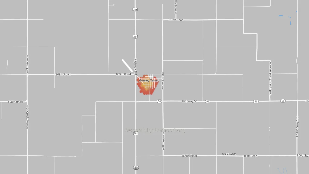 Walk Grade map of Greeley Center, NE, walkable areas in green and car-dependent areas in red