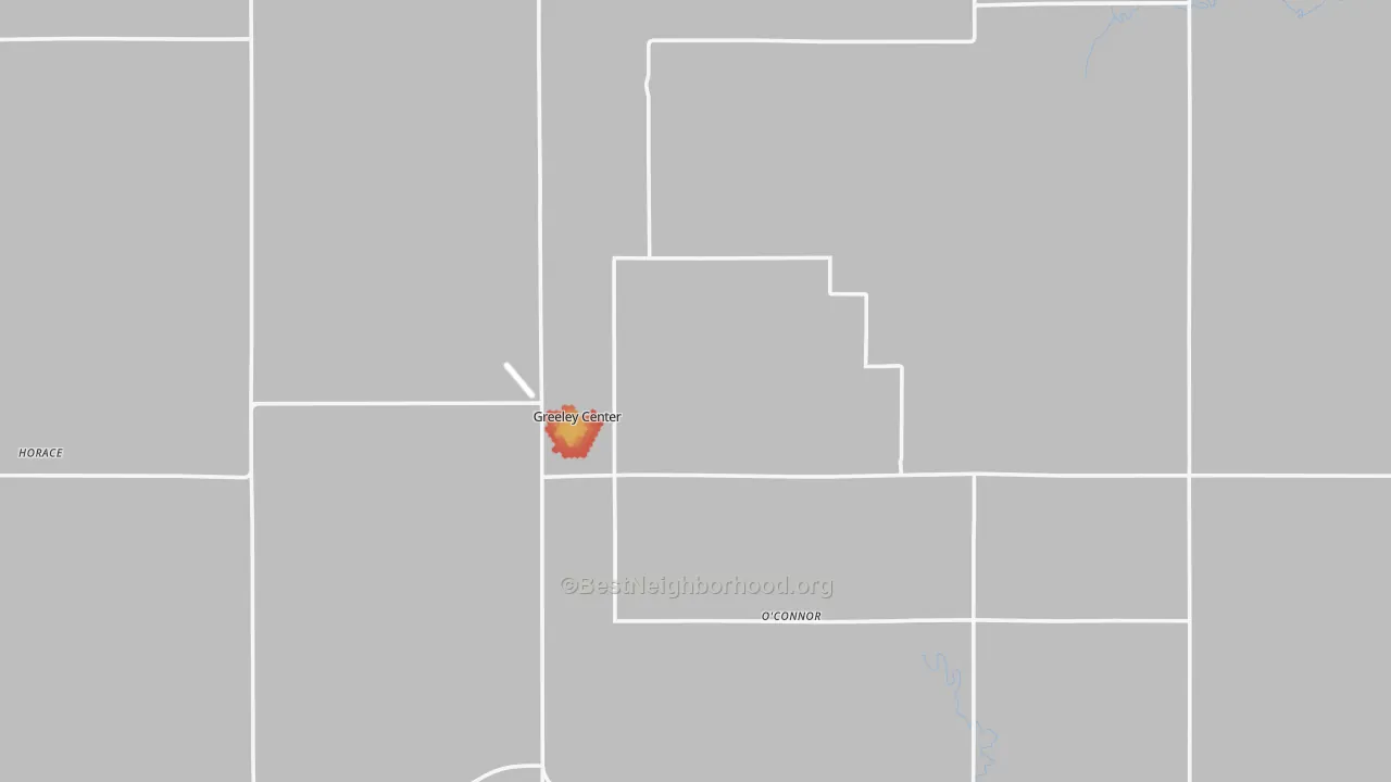 Walk Grade map of Greeley County, NE, walkable areas in green and car-dependent areas in red