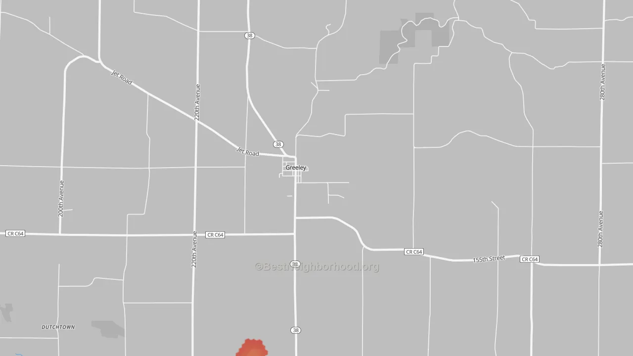Walk Grade map of Greeley, IA, walkable areas in green and car-dependent areas in red