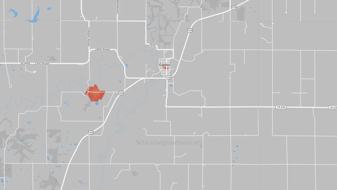 Walk Grade map of Greeley, KS, walkable areas in green and car-dependent areas in red