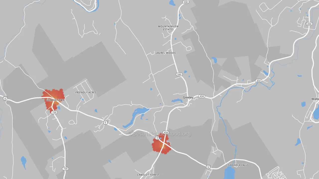 Walk Grade map of Greeley, PA, walkable areas in green and car-dependent areas in red