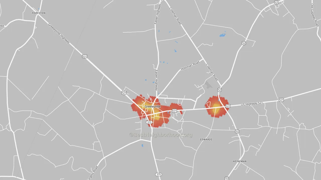 Walk Grade map of Greeleyville, SC, walkable areas in green and car-dependent areas in red