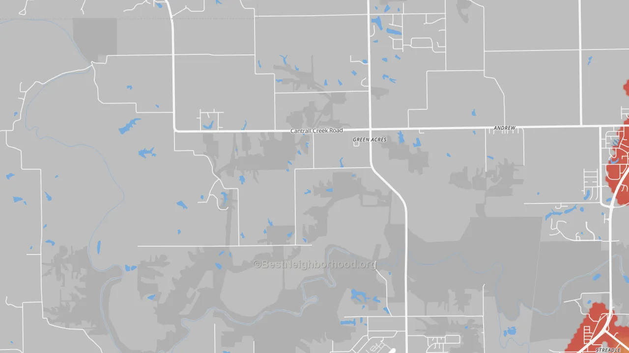 Walk Grade map of Green Acres, IL, walkable areas in green and car-dependent areas in red