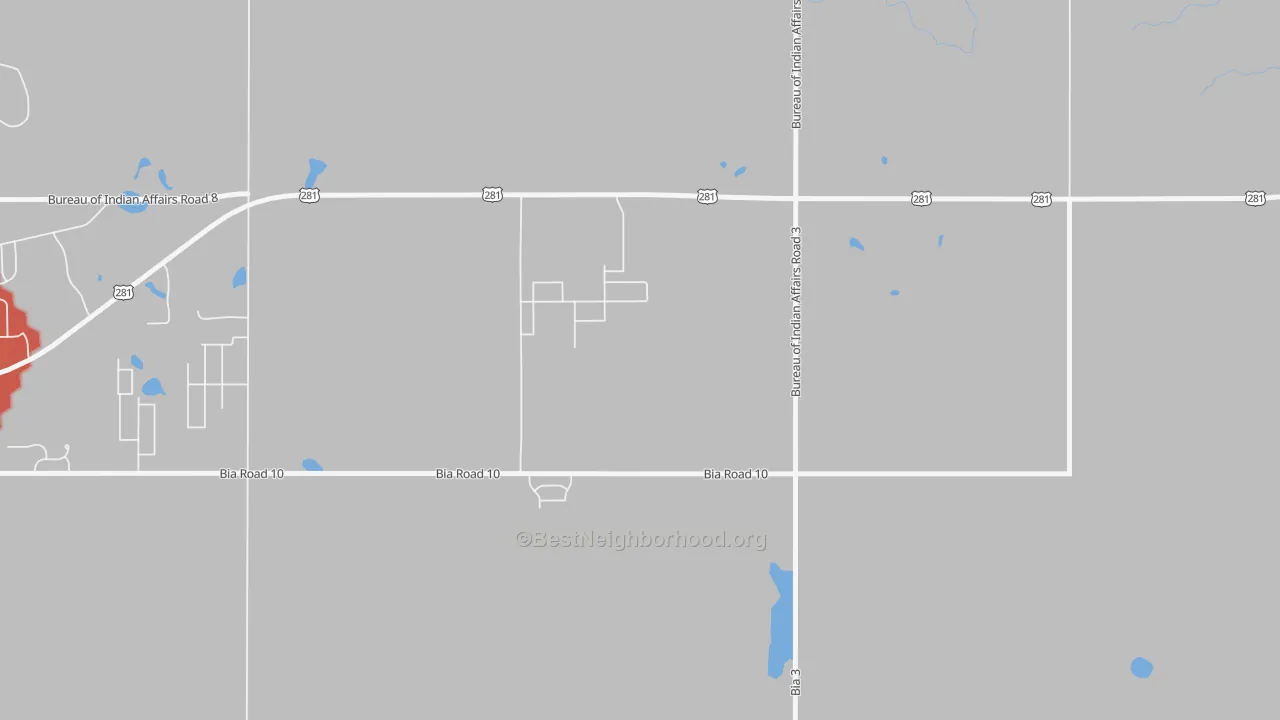 Walk Grade map of Green Acres, ND, walkable areas in green and car-dependent areas in red
