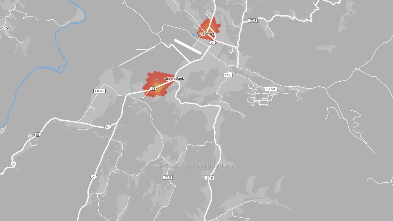 Walk Grade map of Green Bank, WV, walkable areas in green and car-dependent areas in red