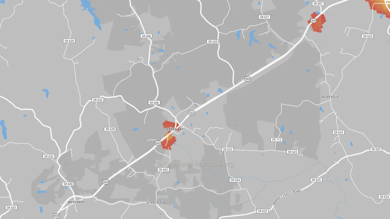 Walk Grade map of Green Bay, VA, walkable areas in green and car-dependent areas in red