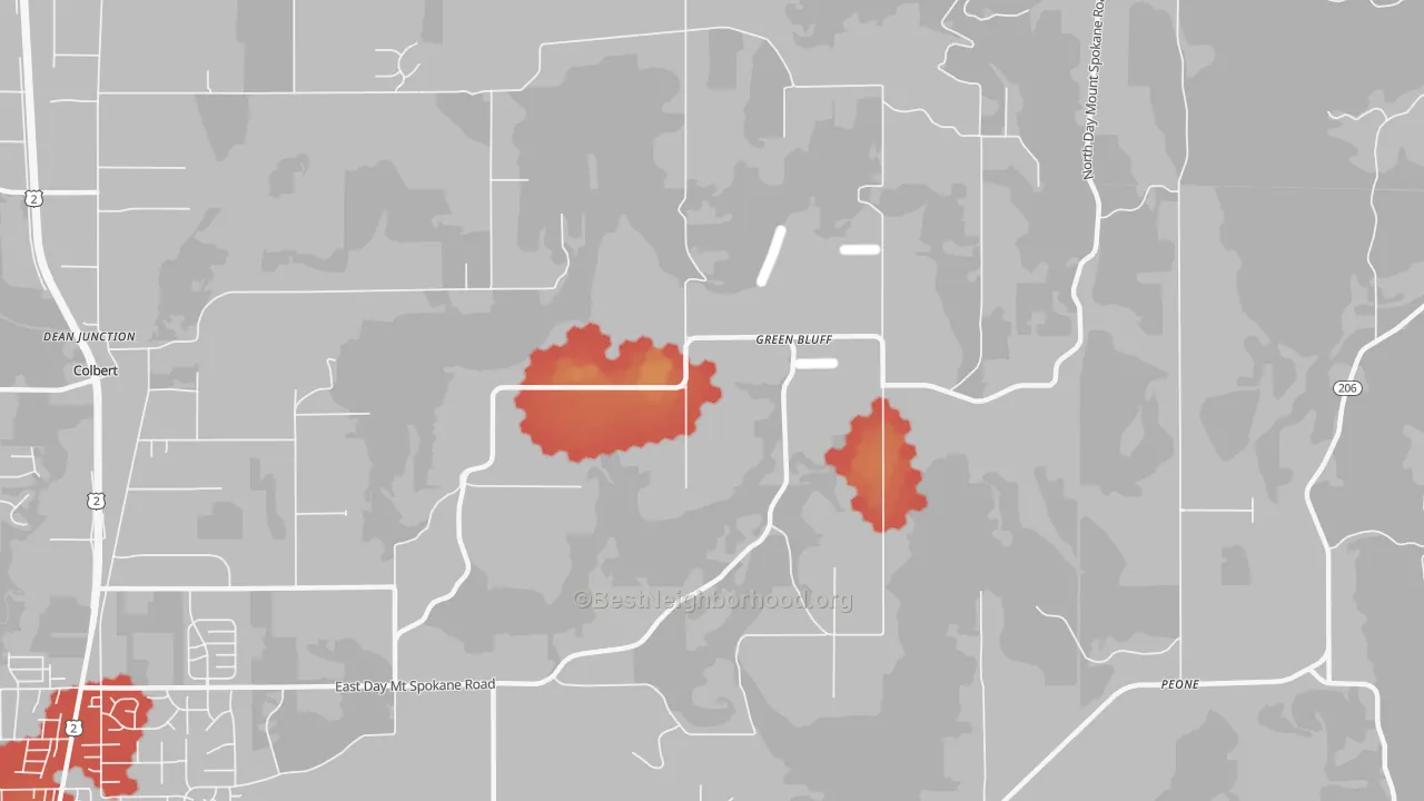 Walk Grade map of Green Bluff, WA, walkable areas in green and car-dependent areas in red