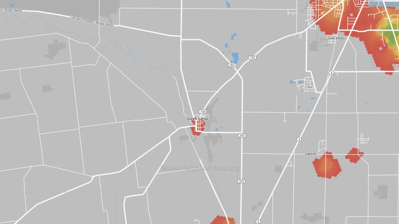 Walk Grade map of Green Camp, OH, walkable areas in green and car-dependent areas in red