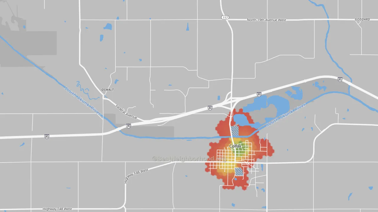 Walk Grade map of Green Castle, IA, walkable areas in green and car-dependent areas in red