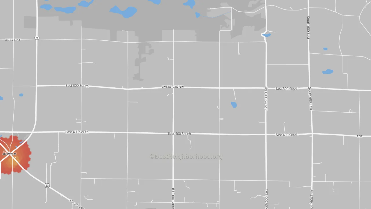 Walk Grade map of Green Center, IN, walkable areas in green and car-dependent areas in red