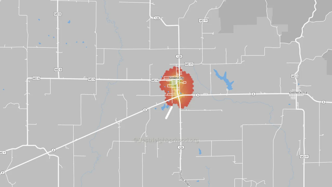Walk Grade map of Green City, MO, walkable areas in green and car-dependent areas in red