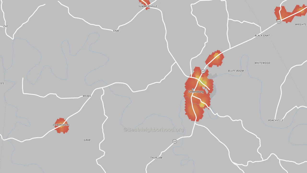 Walk Grade map of Green County, KY, walkable areas in green and car-dependent areas in red