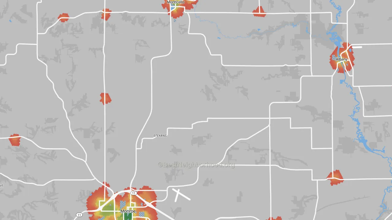 Walk Grade map of Green County, WI, walkable areas in green and car-dependent areas in red