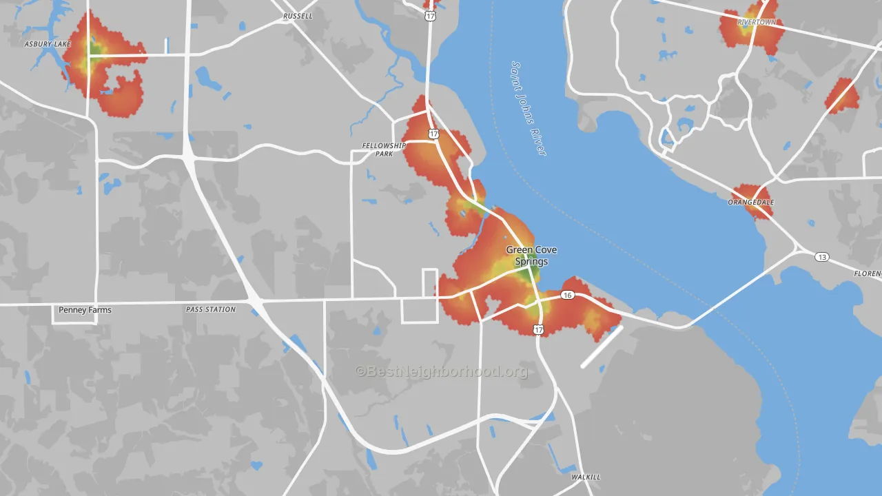 Walk Grade map of Green Cove Springs, FL, walkable areas in green and car-dependent areas in red