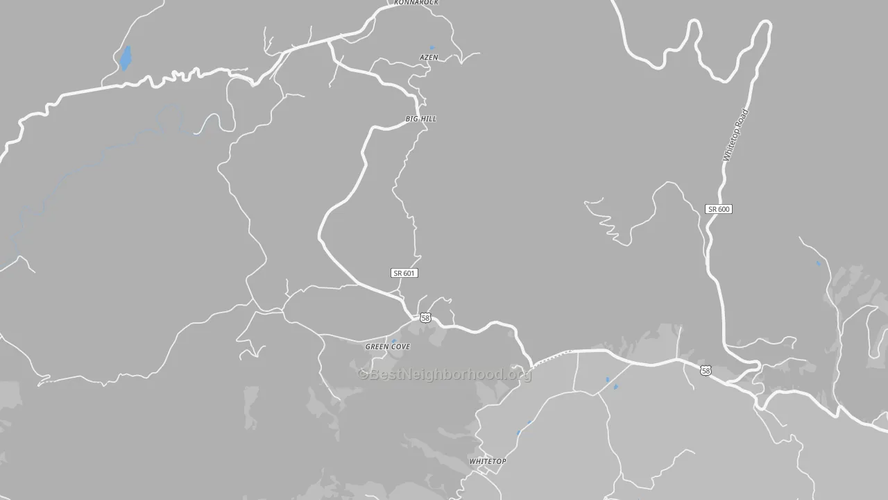 Walk Grade map of Green Cove, VA, walkable areas in green and car-dependent areas in red