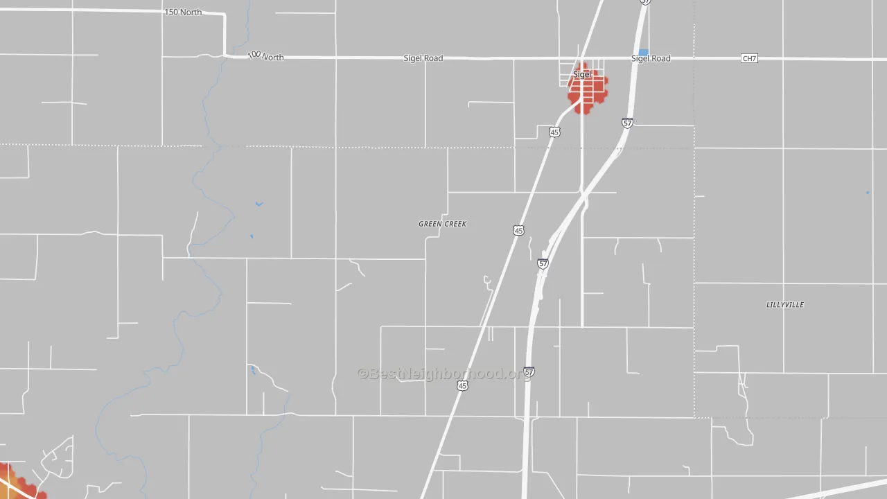 Walk Grade map of Green Creek, IL, walkable areas in green and car-dependent areas in red