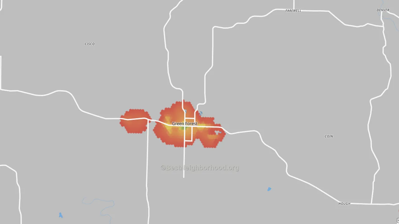 Walk Grade map of Green Forest, AR, walkable areas in green and car-dependent areas in red
