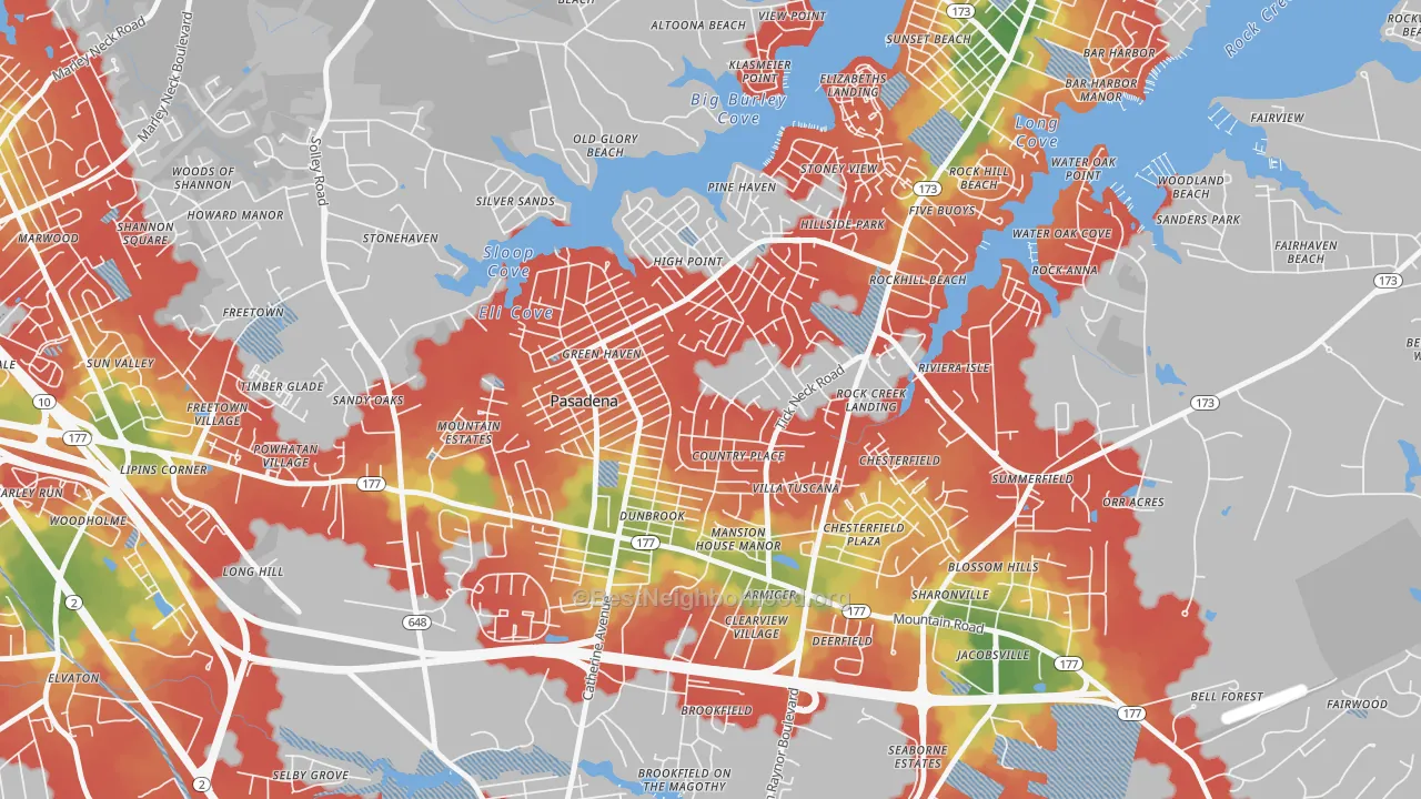 Walk Grade map of Green Haven, Pasadena, MD, walkable areas in green and car-dependent areas in red
