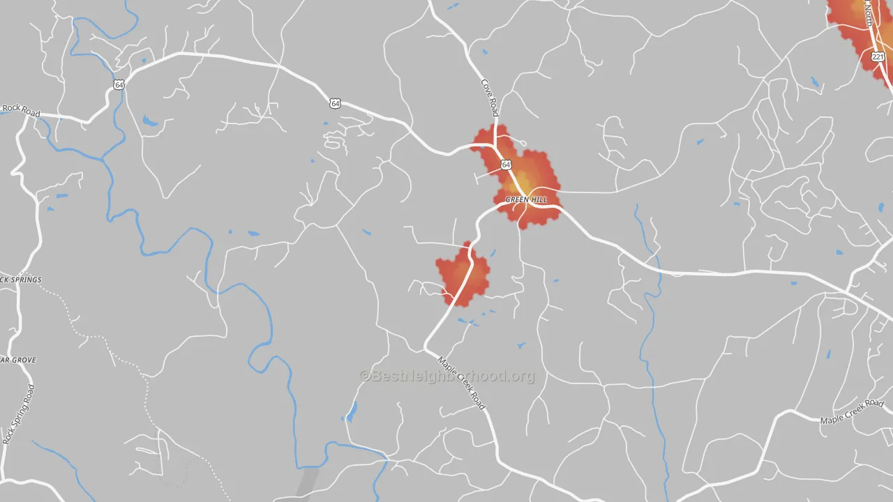 Walk Grade map of Green Hill, NC, walkable areas in green and car-dependent areas in red