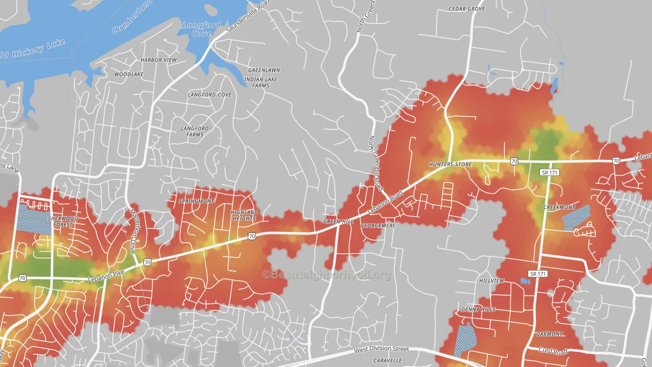 Walk Grade map of Green Hill, TN, walkable areas in green and car-dependent areas in red