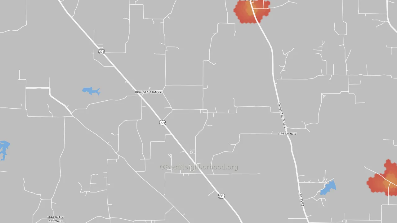 Walk Grade map of Green Hill, TX, walkable areas in green and car-dependent areas in red