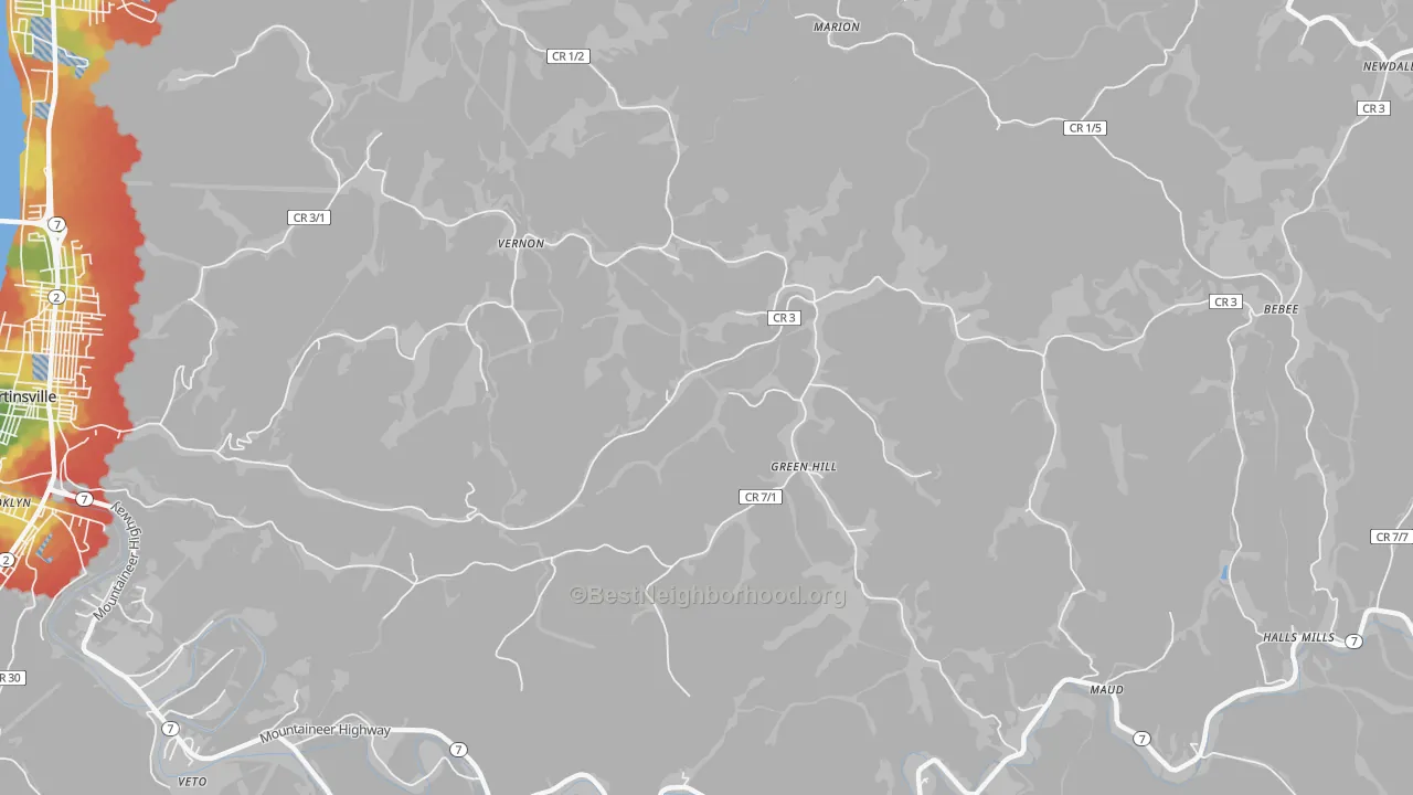 Walk Grade map of Green Hill, WV, walkable areas in green and car-dependent areas in red