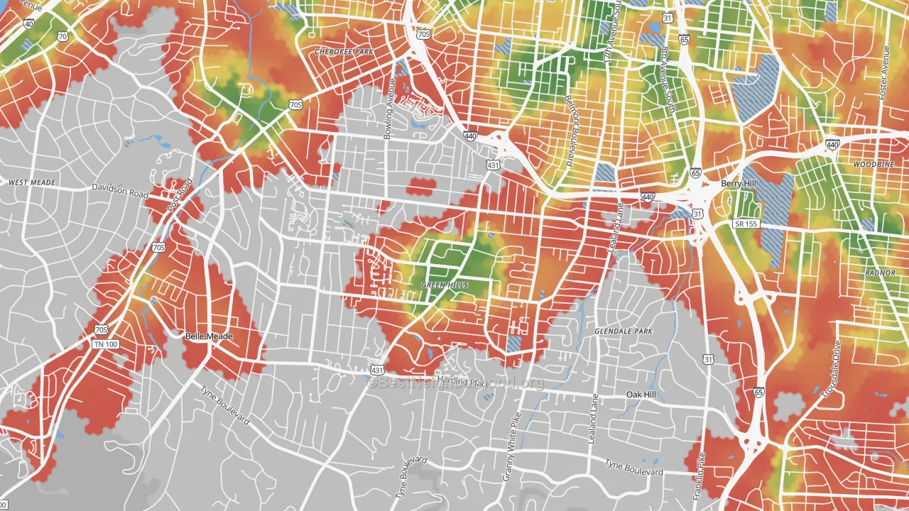 Walk Grade map of Green Hills, Nashville, TN, walkable areas in green and car-dependent areas in red