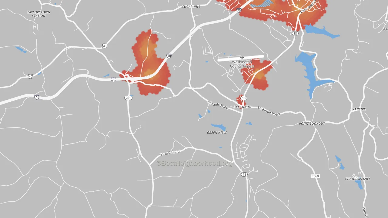 Walk Grade map of Green Hills, PA, walkable areas in green and car-dependent areas in red