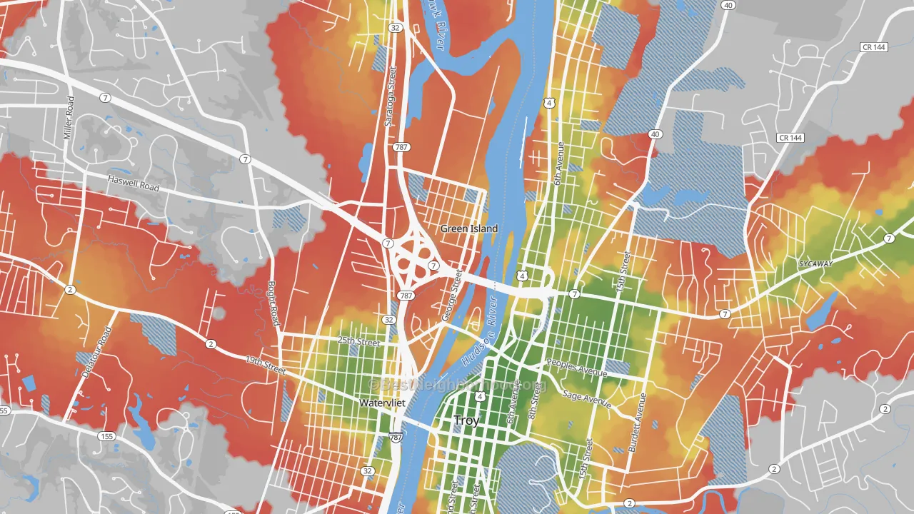 Walk Grade map of Green Island, NY, walkable areas in green and car-dependent areas in red