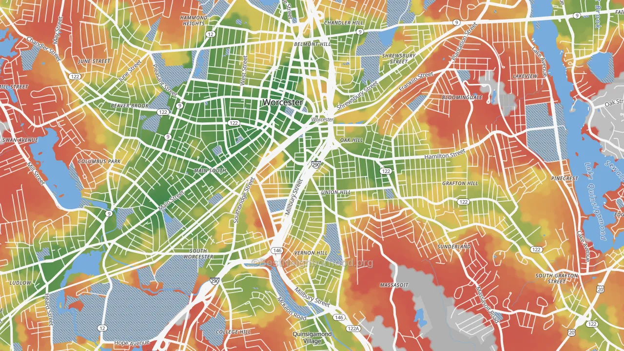 Walk Grade map of Green Island, Worcester, MA, walkable areas in green and car-dependent areas in red