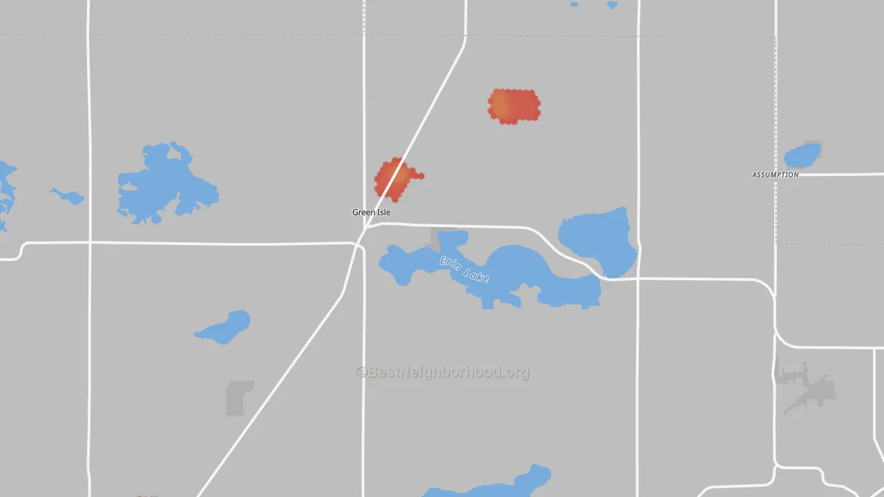 Walk Grade map of Green Isle, MN, walkable areas in green and car-dependent areas in red