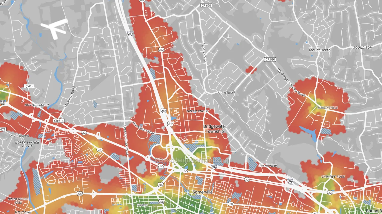 Walk Grade map of Green Knoll, NJ, walkable areas in green and car-dependent areas in red