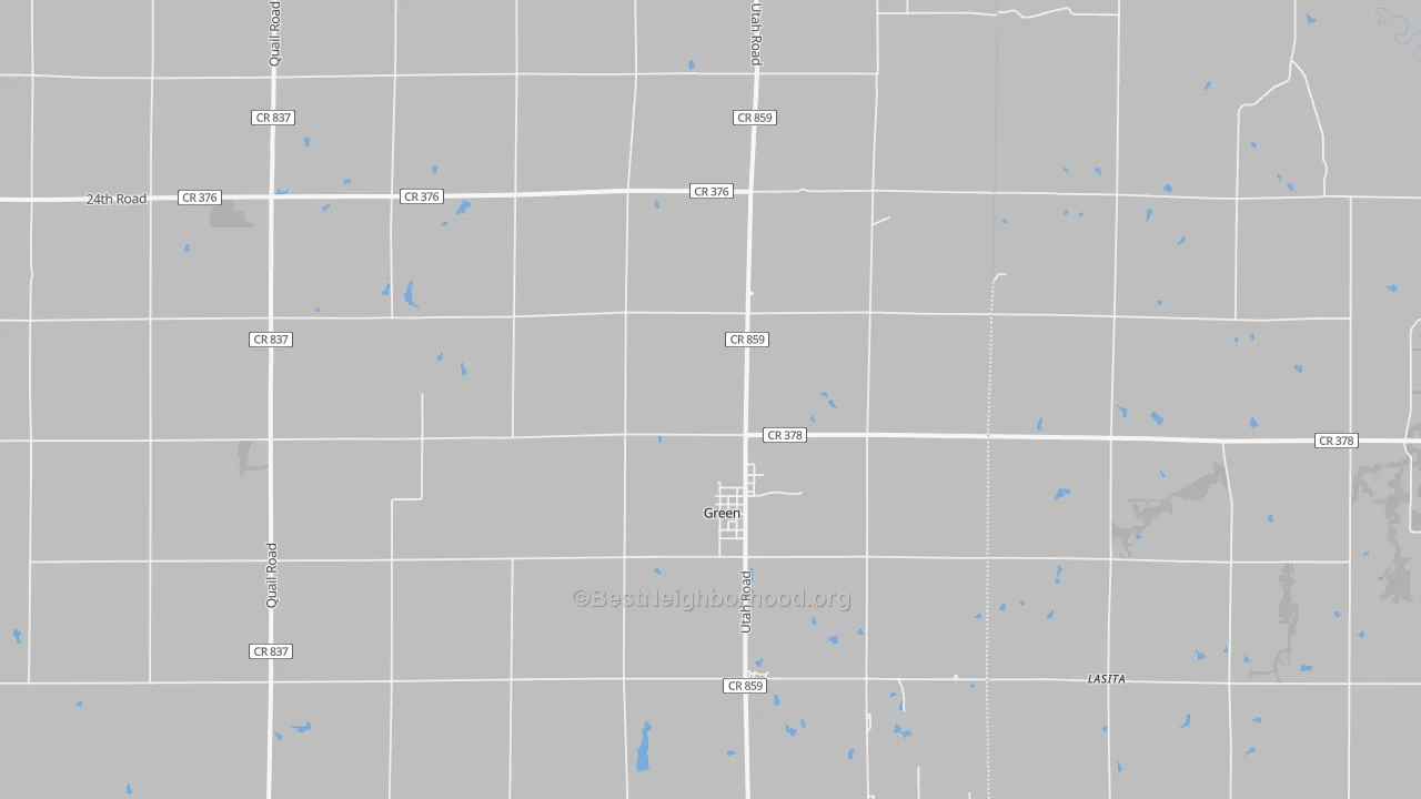 Walk Grade map of Green, KS, walkable areas in green and car-dependent areas in red