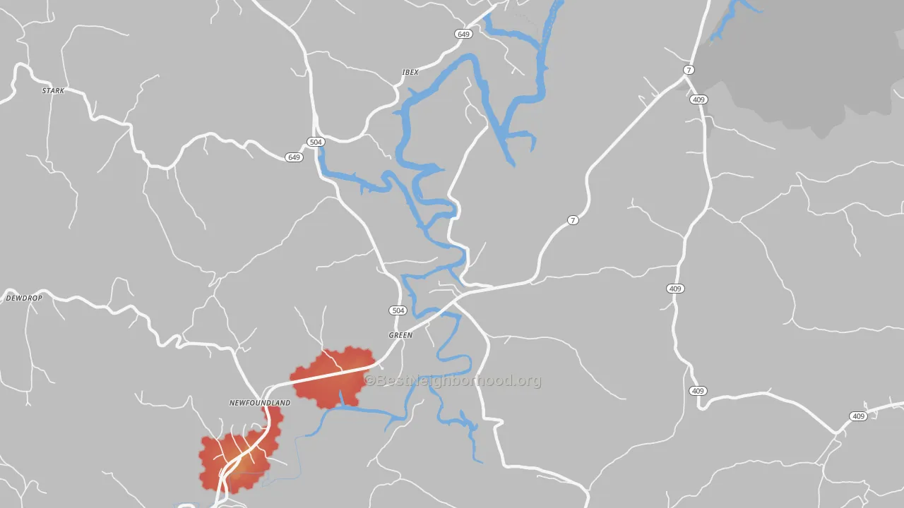 Walk Grade map of Green, KY, walkable areas in green and car-dependent areas in red