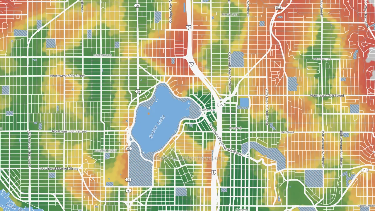 Walk Grade map of Green Lake, Seattle, WA, walkable areas in green and car-dependent areas in red