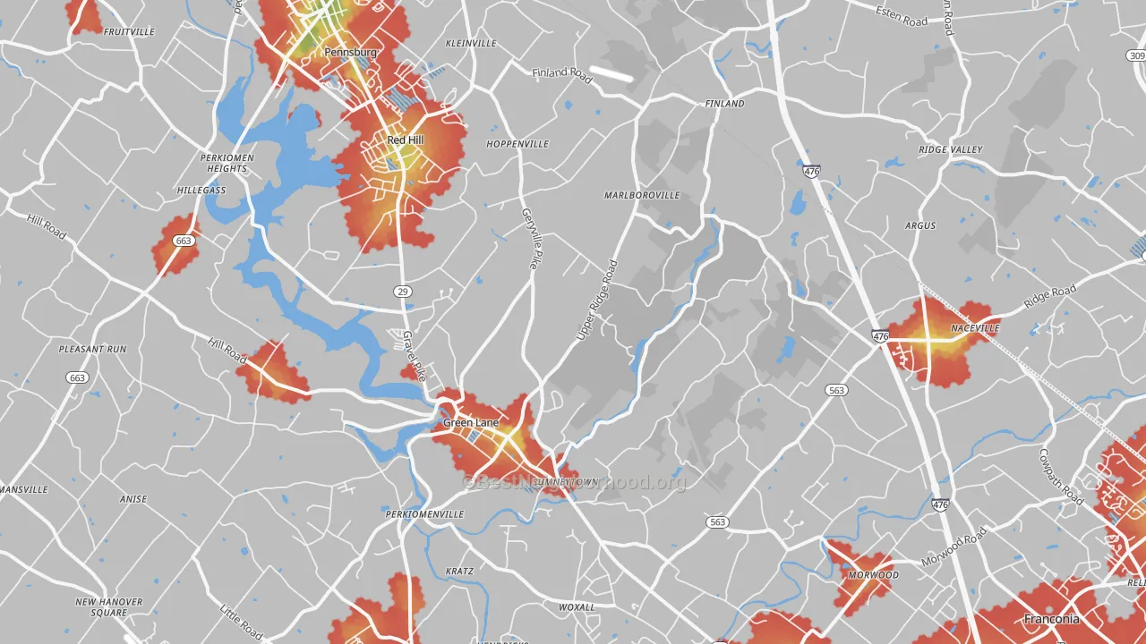 Walk Grade map of Green Lane, PA, walkable areas in green and car-dependent areas in red