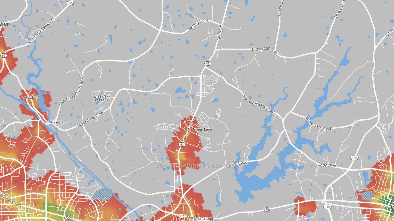Walk Grade map of Green Level, NC, walkable areas in green and car-dependent areas in red
