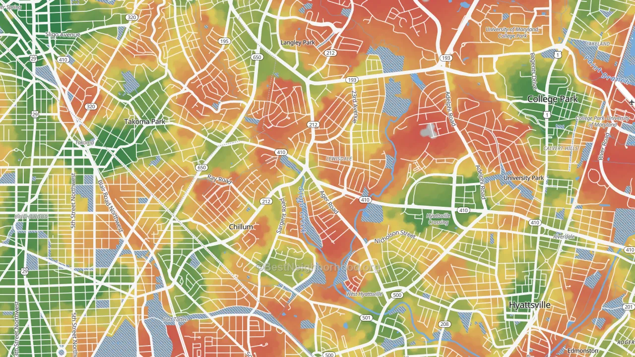 Walk Grade map of Green Meadows, Chillum, MD, walkable areas in green and car-dependent areas in red