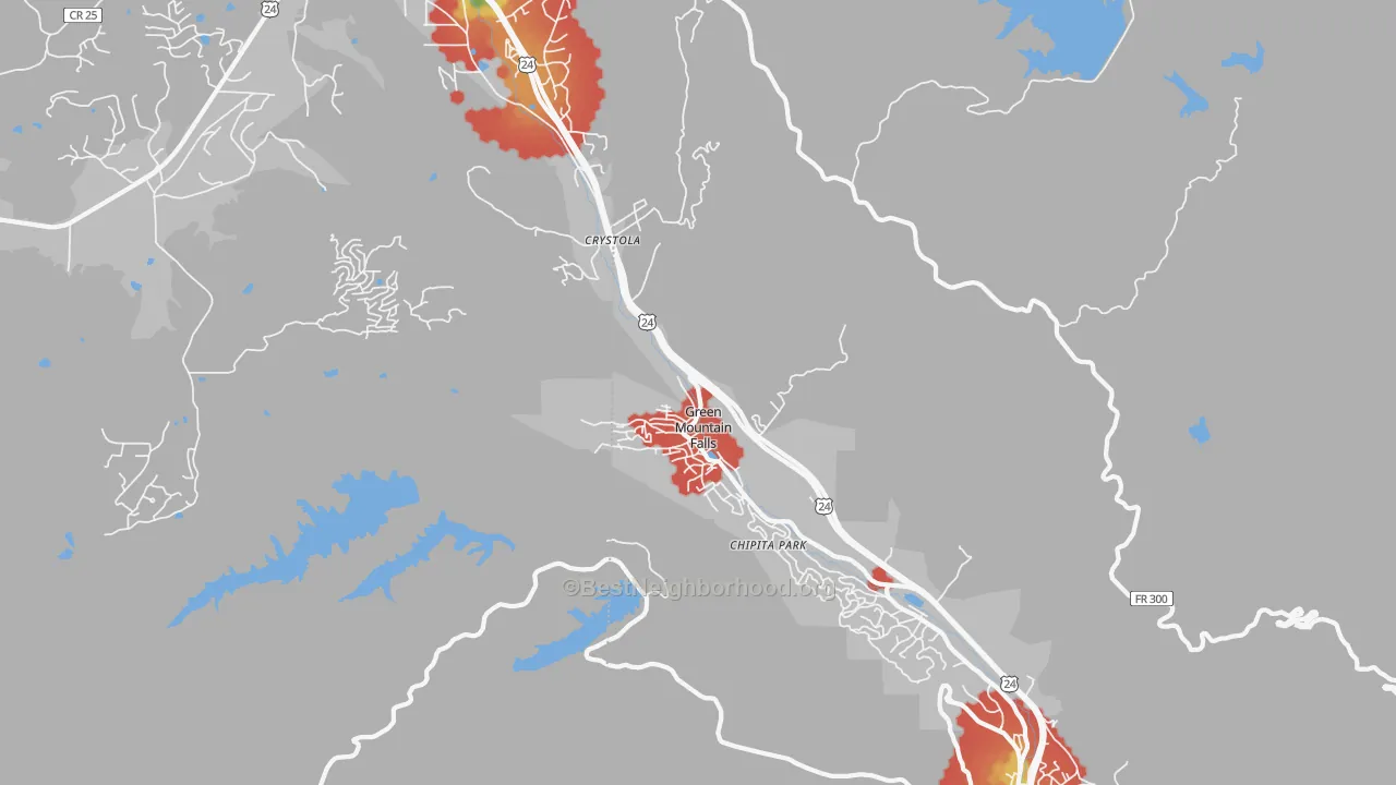 Walk Grade map of Green Mountain Falls, CO, walkable areas in green and car-dependent areas in red