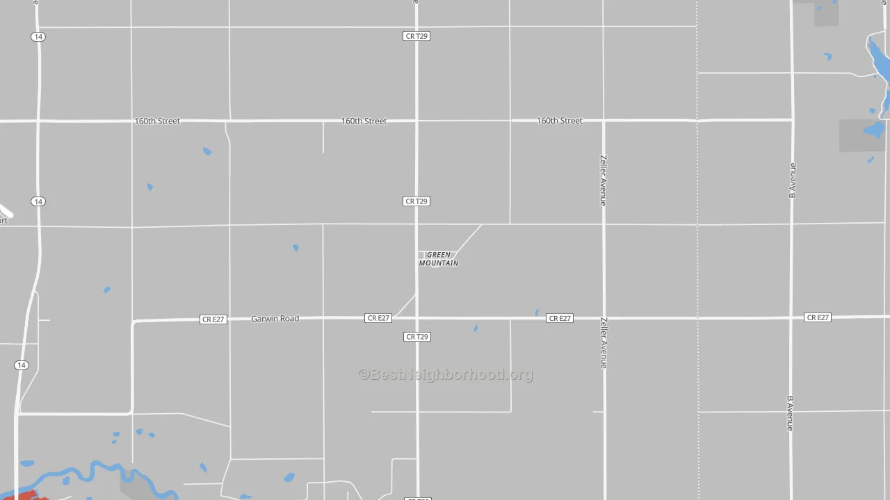 Walk Grade map of Green Mountain, IA, walkable areas in green and car-dependent areas in red