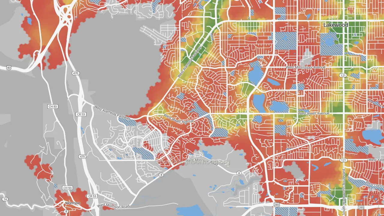 Walk Grade map of Green Mountain, Lakewood, CO, walkable areas in green and car-dependent areas in red