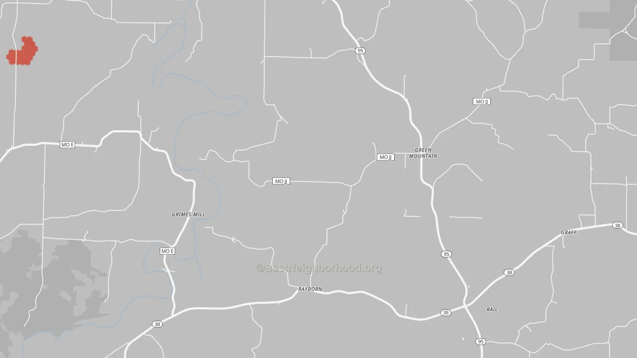 Walk Grade map of Green Mountain, MO, walkable areas in green and car-dependent areas in red