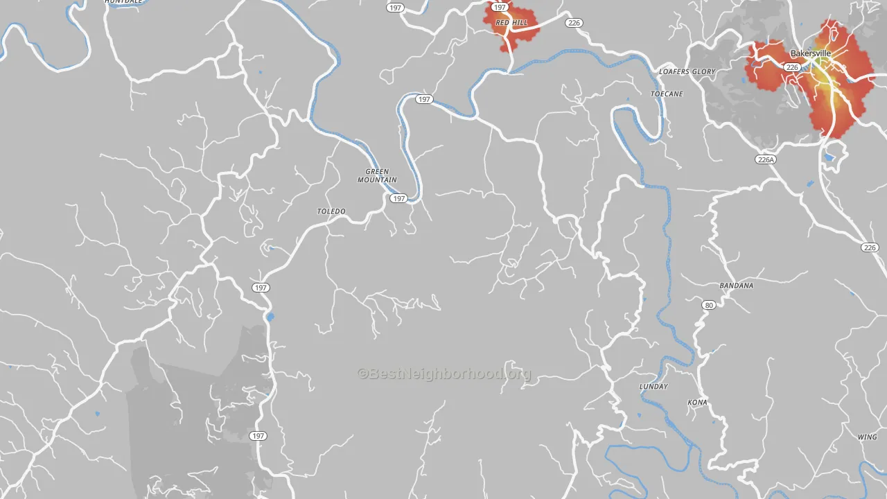 Walk Grade map of Green Mountain, NC, walkable areas in green and car-dependent areas in red
