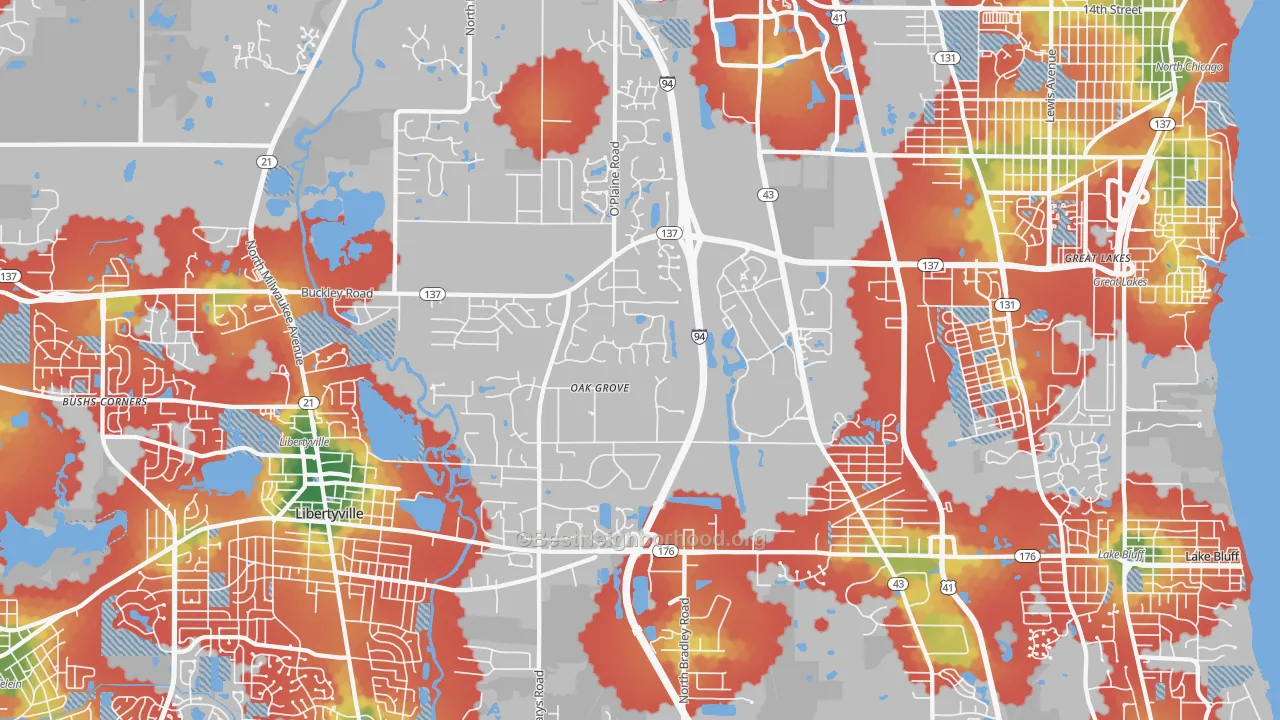 Walk Grade map of Green Oaks, IL, walkable areas in green and car-dependent areas in red