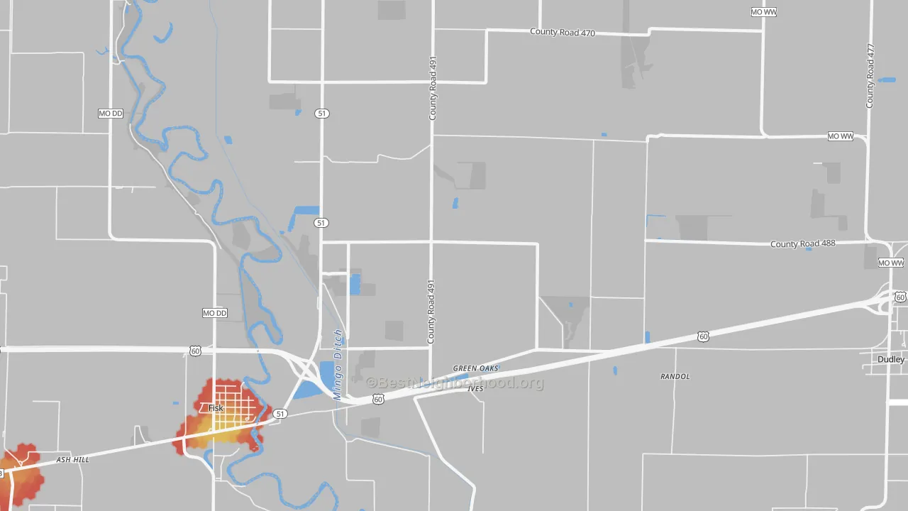 Walk Grade map of Green Oaks, MO, walkable areas in green and car-dependent areas in red