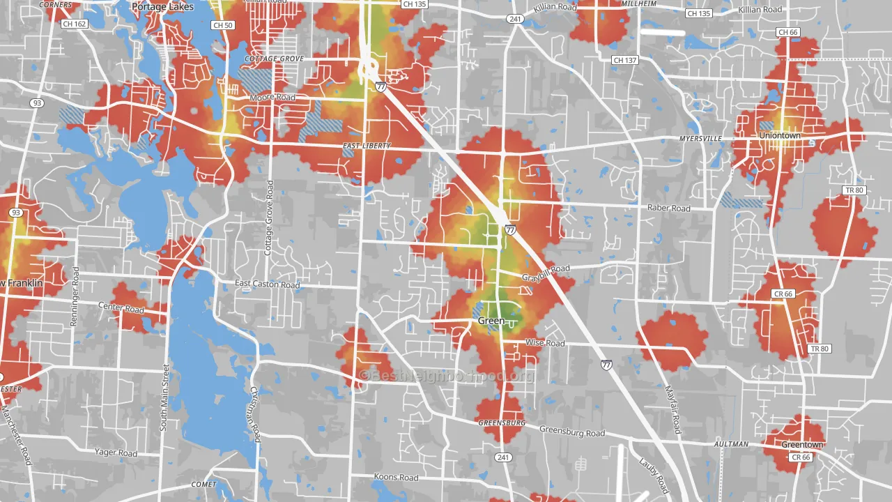 Walk Grade map of Green, OH, walkable areas in green and car-dependent areas in red